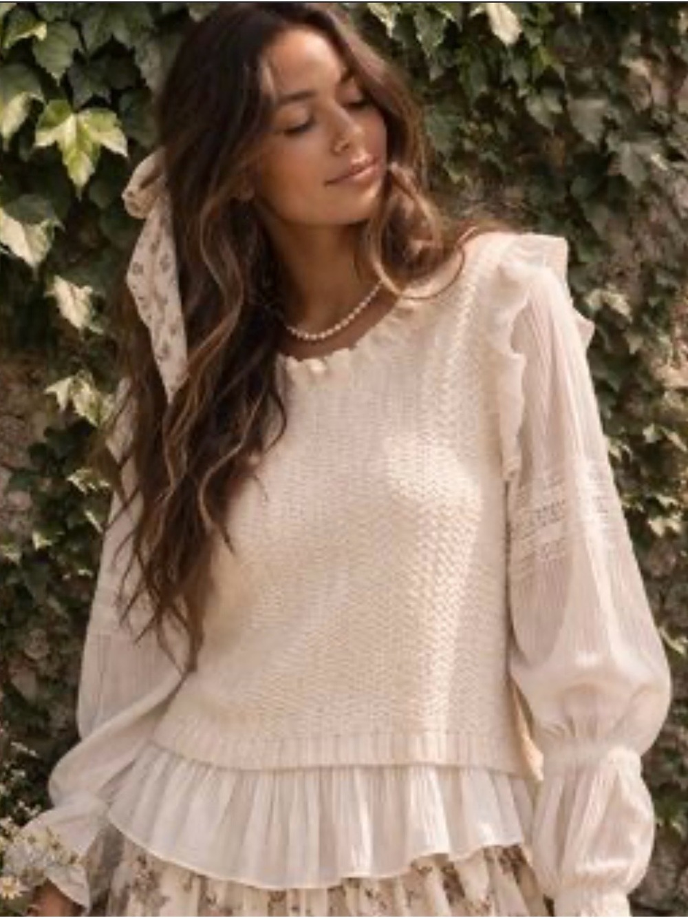 Cream Colored Anthropologie Ruffled Twofer Sweater Blouse